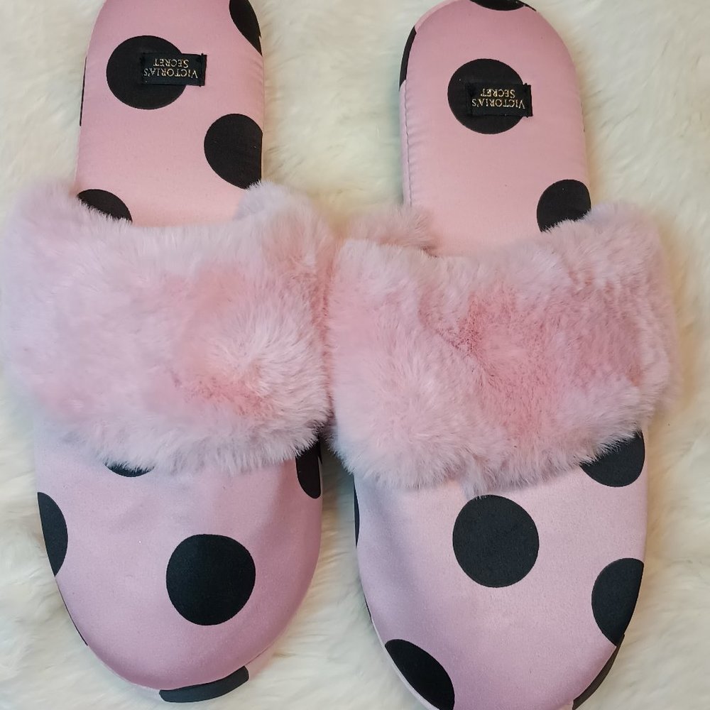 Victoria Secret Polka Dot Slippers size M women's pink and black New without tag